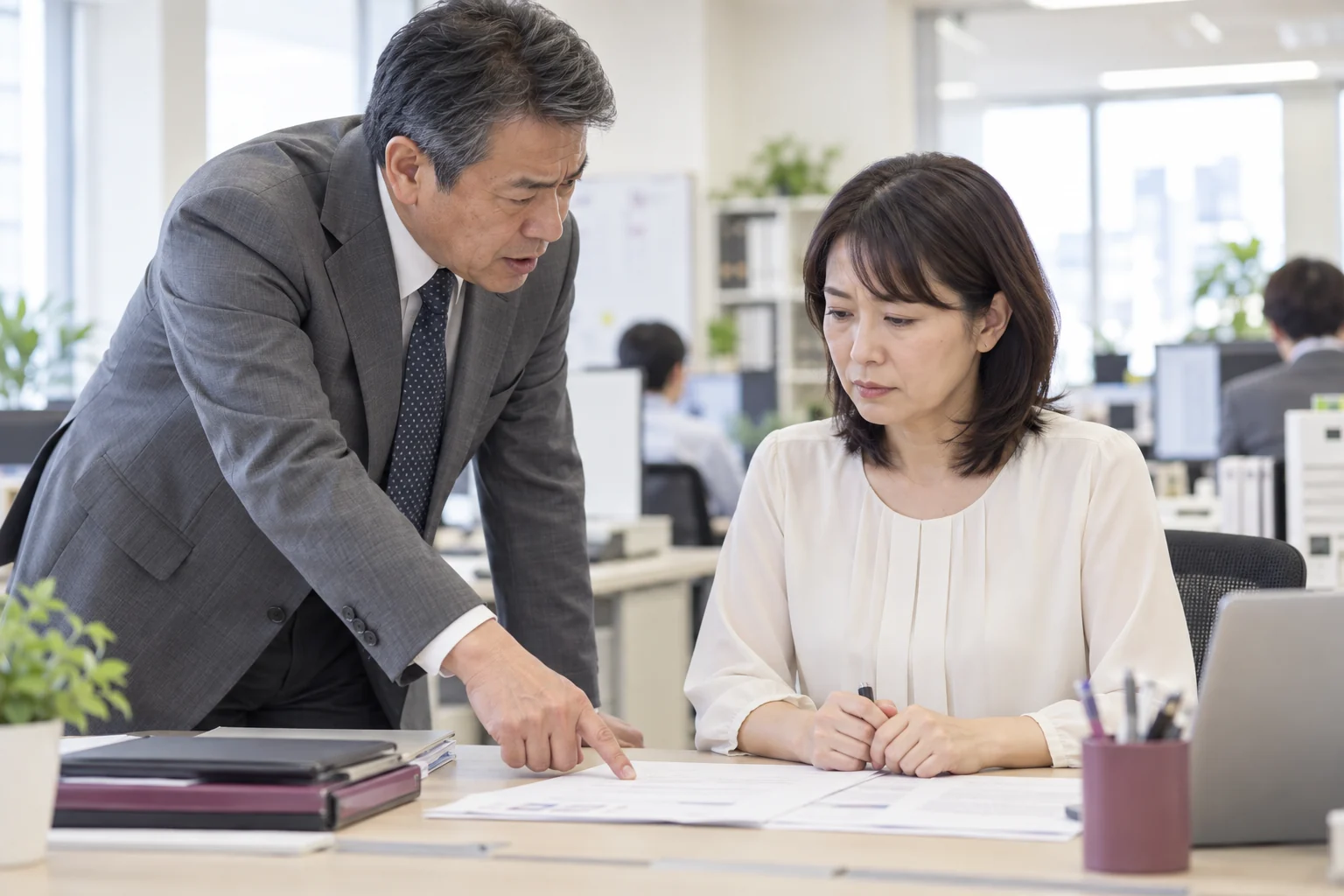 職場で仕事の内容について注意を受け、言葉を飲み込んでいる人の生成イメージ