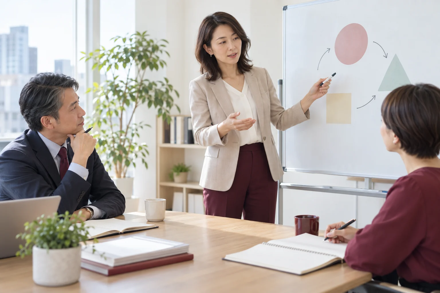 同僚と知識を共有し職場について考える場面のイメージ